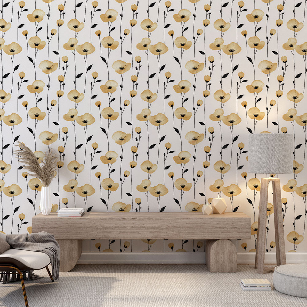 Yellow Flower Wallpaper | Black Foliage Wall Mural