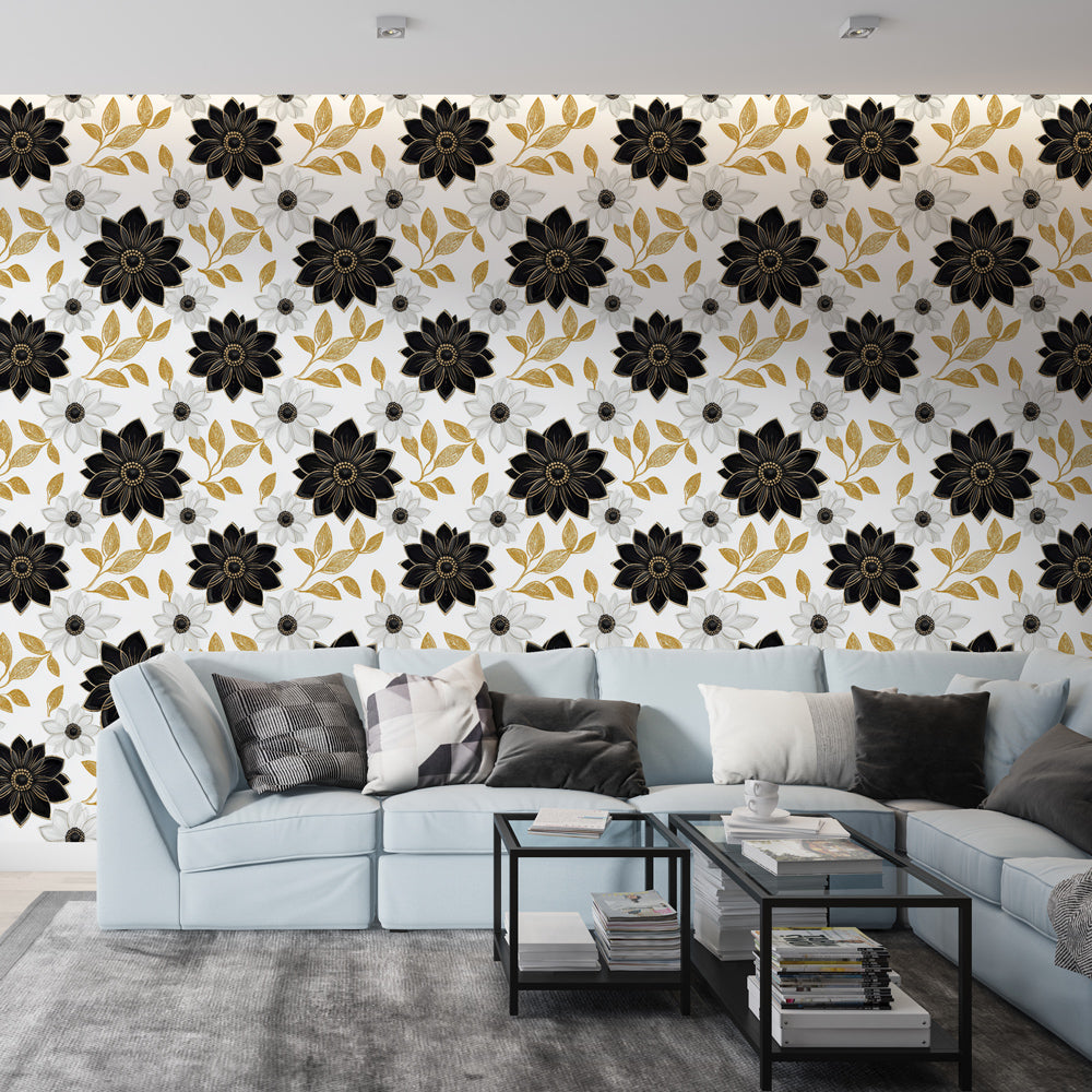 Black & Gold Floral Wallpaper | White Background Wall Mural