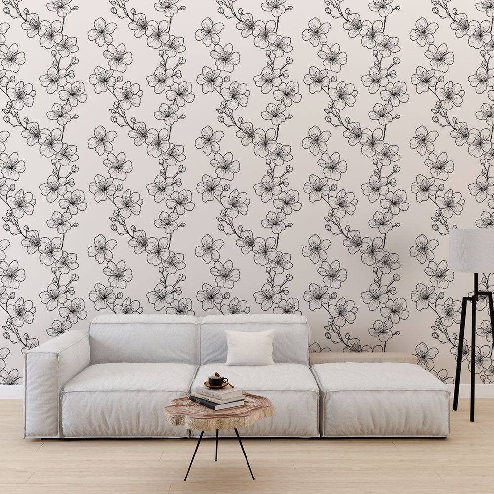 Outlined Black Flowers White Wallpaper Mural