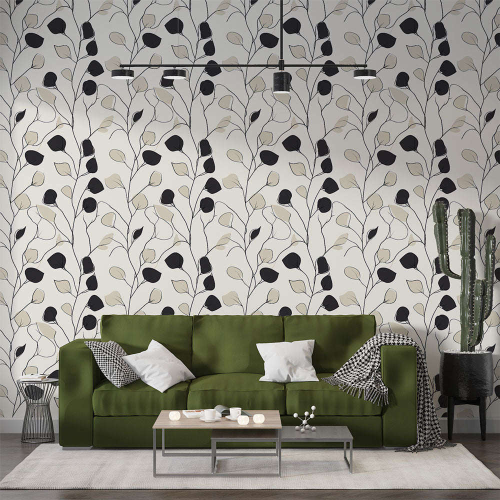 Black, Beige & White Floral Wallpaper | Leaf & Bloom Mural