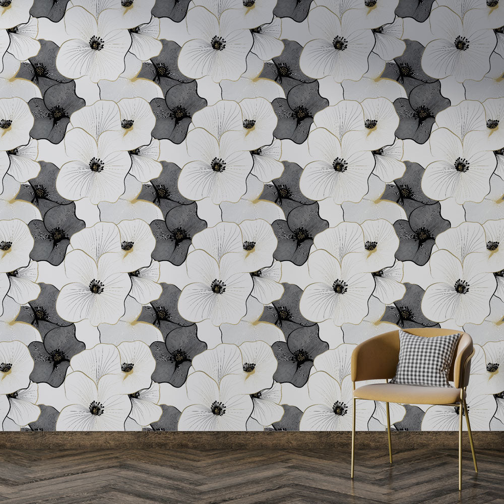 Monochrome Floral Wallpaper | Black & White Blooms on White