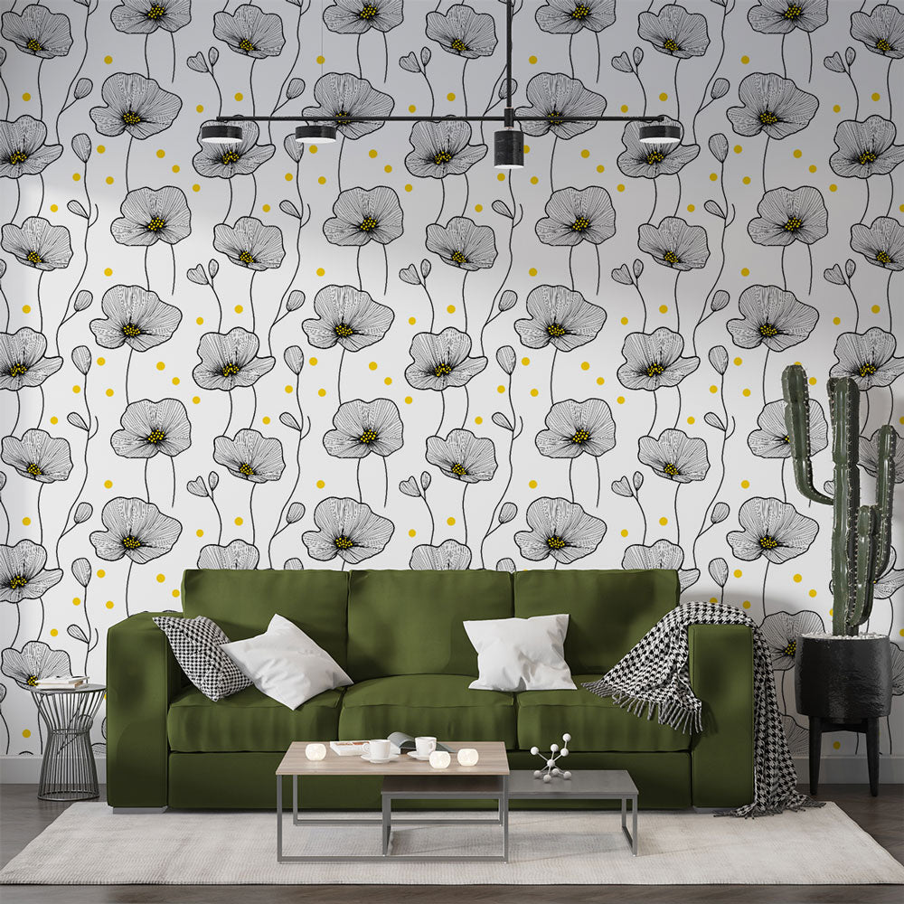Monochrome Floral Wallpaper with Yellow Touches | Wall Mural