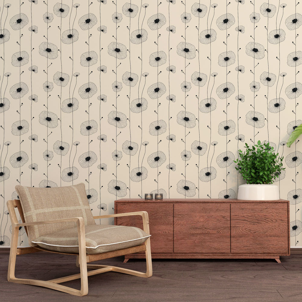 Sketched Poppy Wallpaper | Black Blooms on Cream Wall Mural