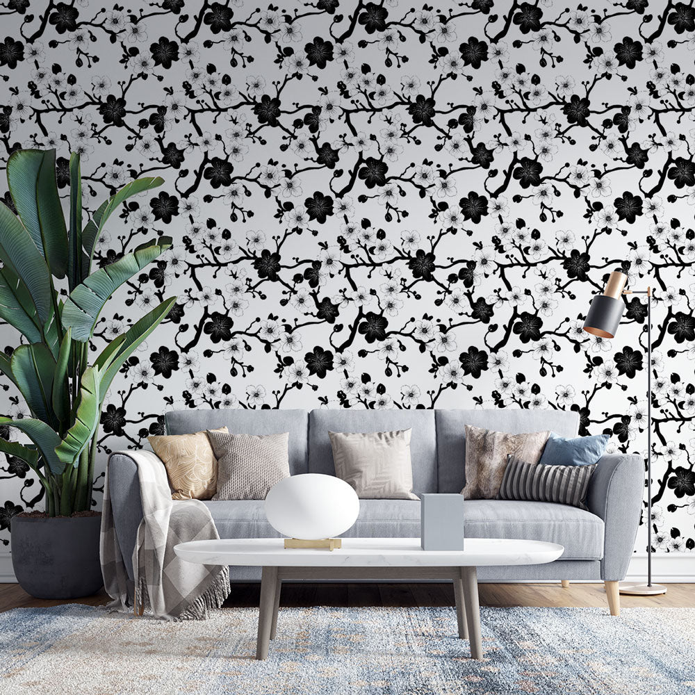 Watercolor Black Flowers White Wallpaper Mural