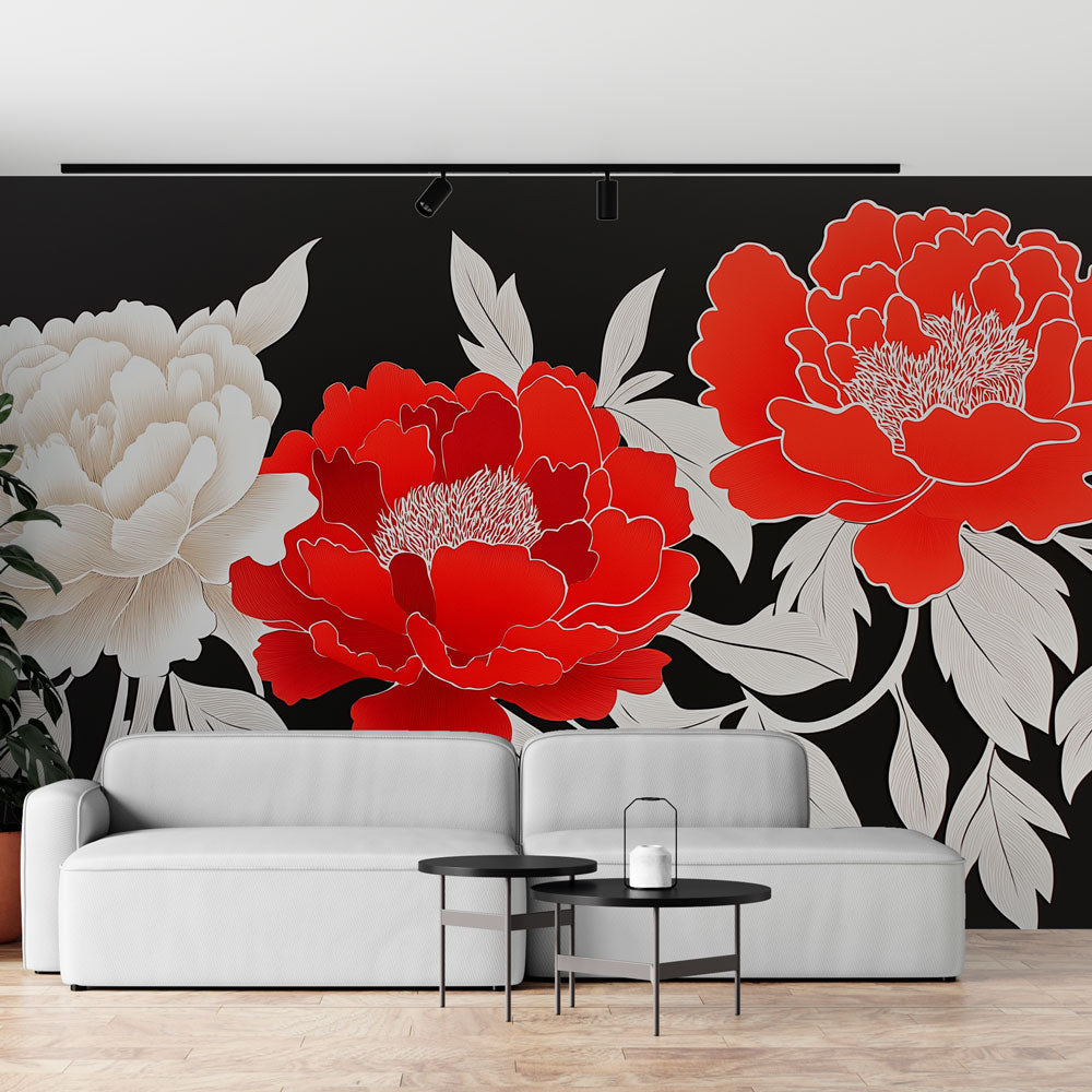 Peony Wallpaper | White and Red on Black Wall Mural