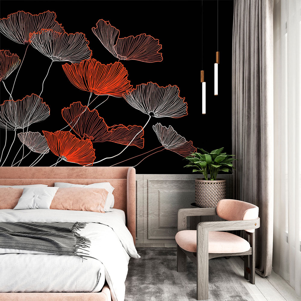 Stylized Flower Wallpaper | Orange and White Blooms on Black