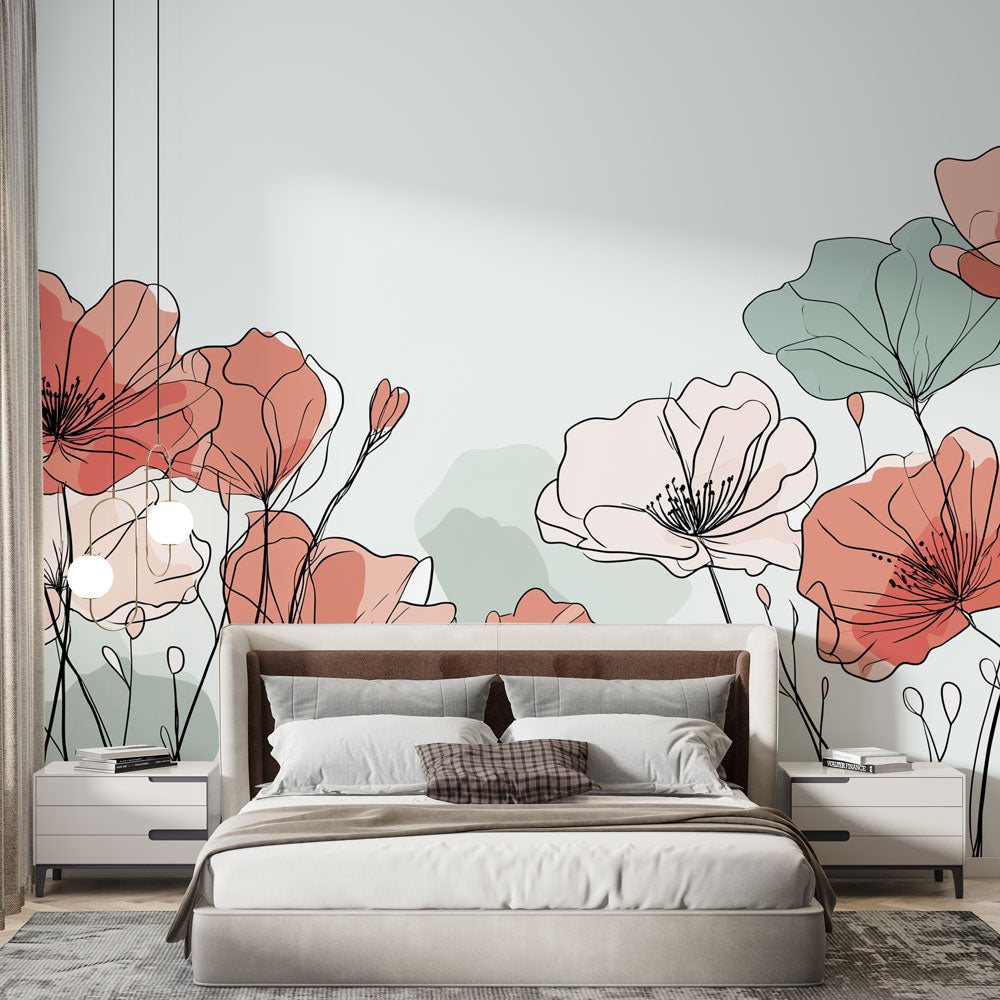Floral Wallpaper | Fine-Line Blooms in Soft Pastel Shades