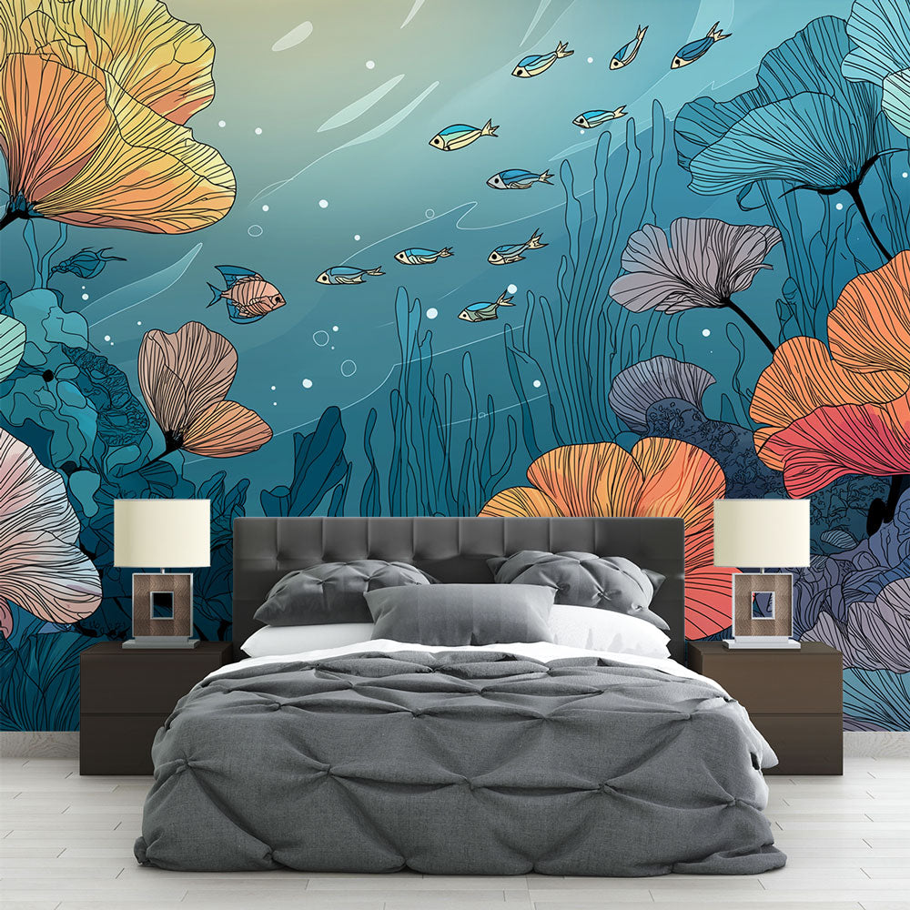 Aquatic Floral Wallpaper | Exotic Fish Among Bright Blooms