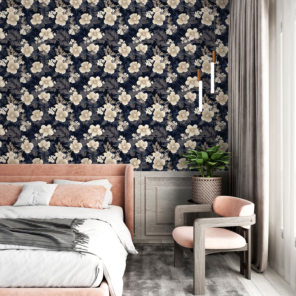 Beige and Navy Floral Wallpaper | Blooms and Lush Foliage