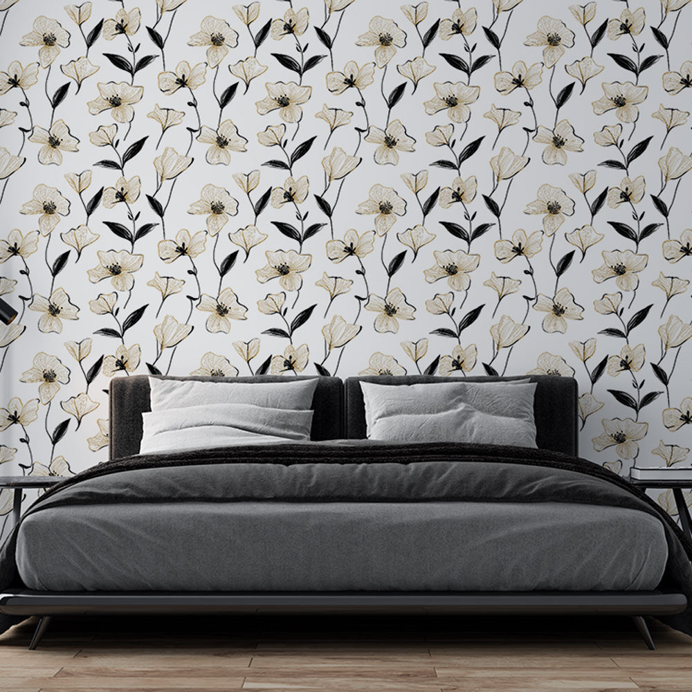 Beige & Black Floral Wallpaper | Delicate Flowers Mural