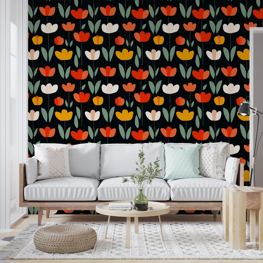 Colourful Tulip Wallpaper | Red White Yellow Black Mural