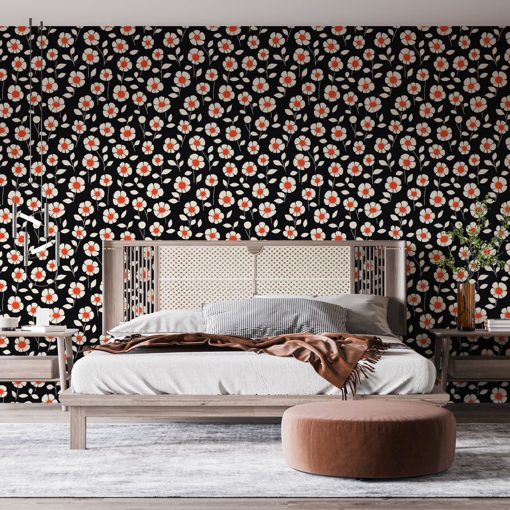 Crimson Night Wallpaper | White & Red Floral Mural