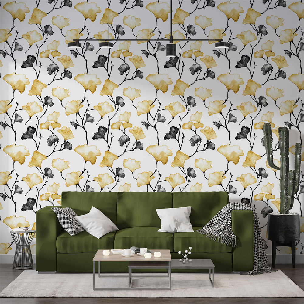Gold & Black Floral Wallpaper | White Wall Mural