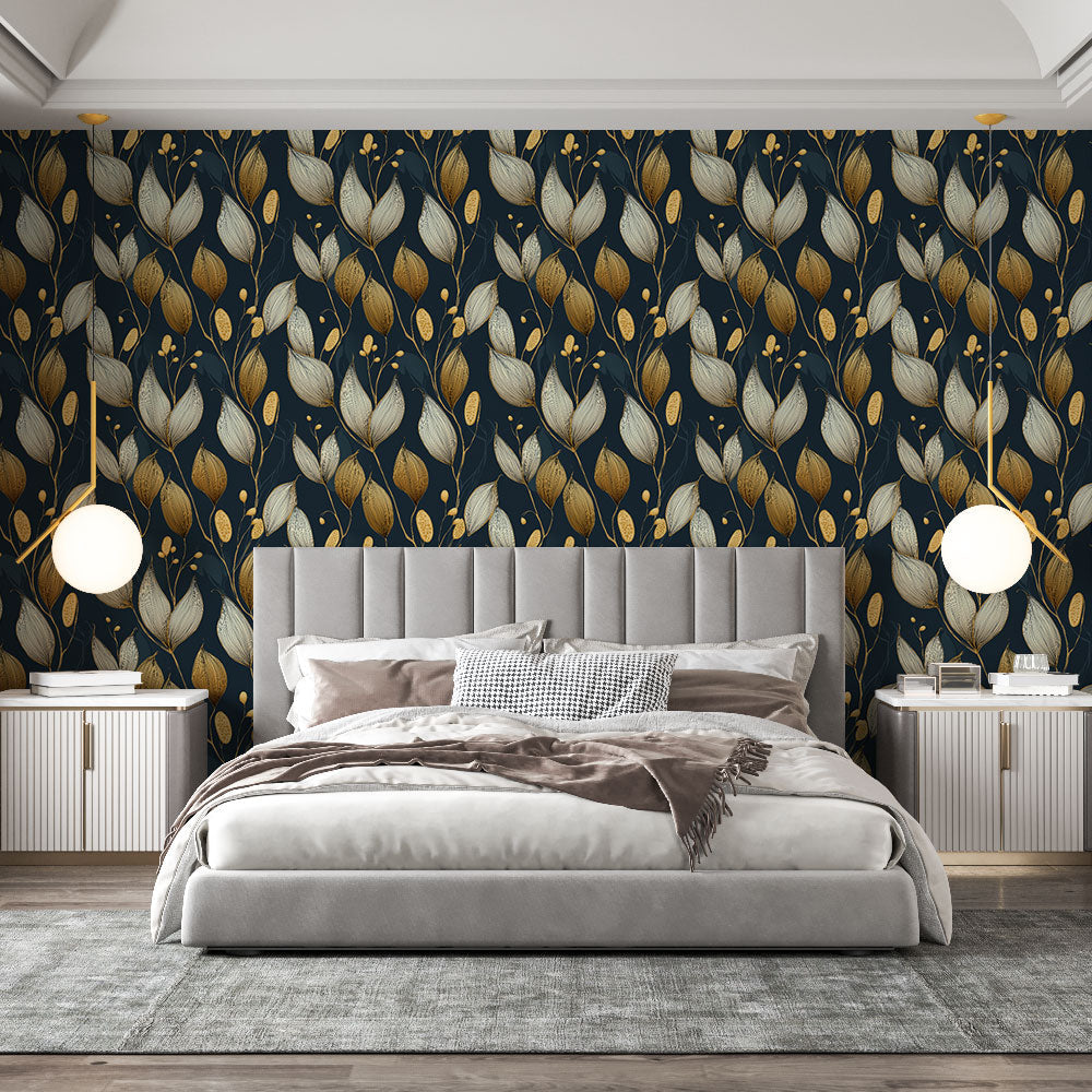 Golden Floral Wallpaper | White and Gold Leaves Wall Mural
