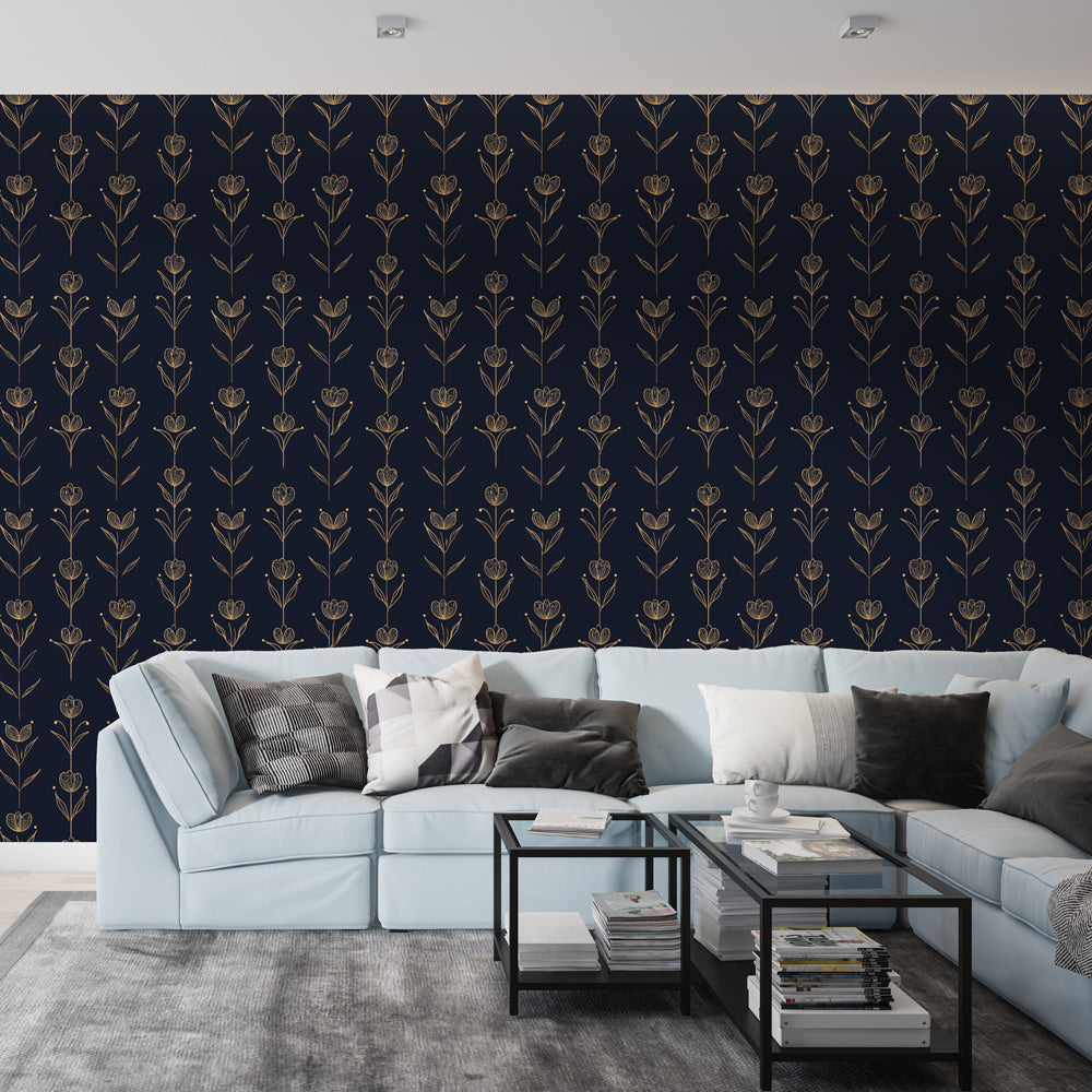 Gold Floral Wallpaper | Stylized Blooms on Navy Wall Mural