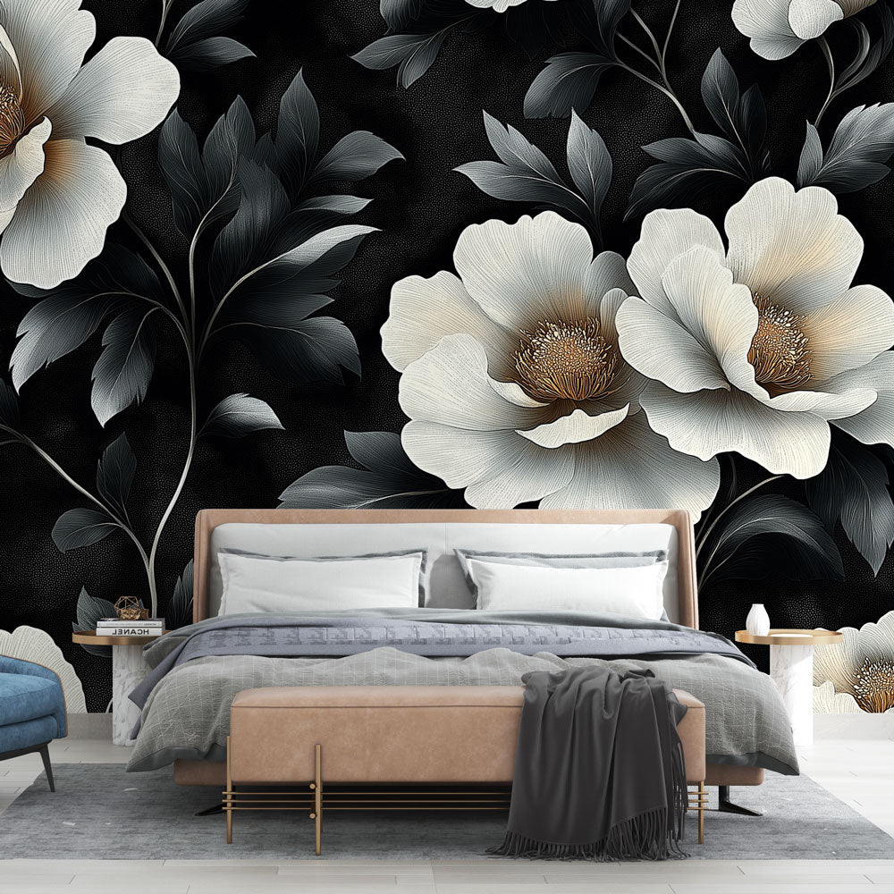 Floral wallpaper | White blooms on black wall mural background