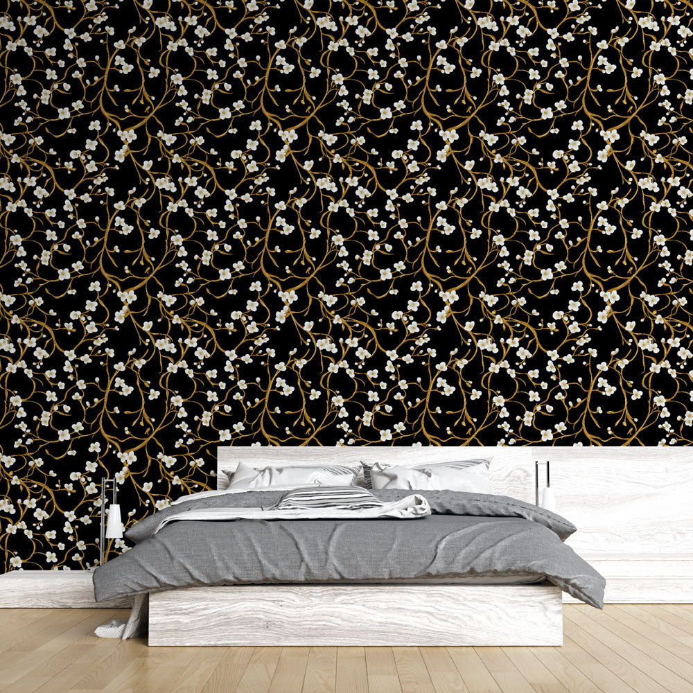 Elegant Floral Wallpaper | White Blooms on Black