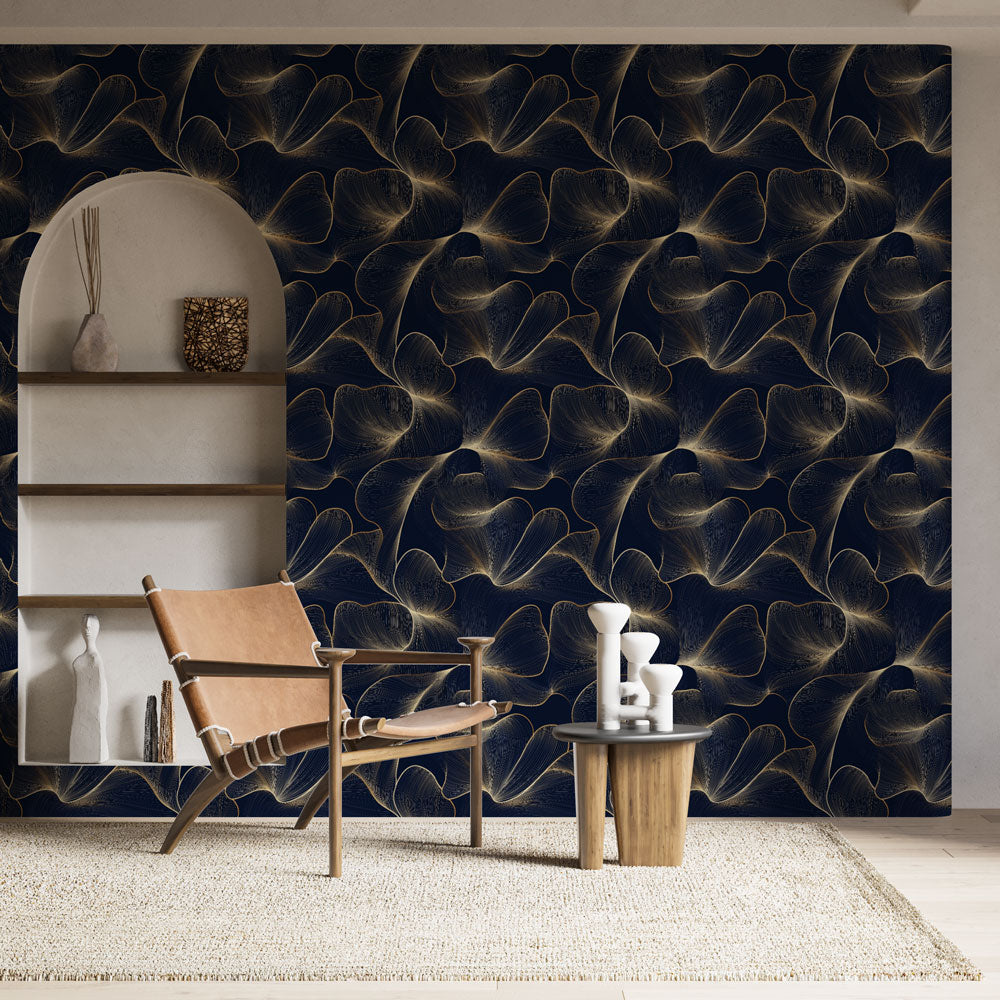 Elegant Floral Wallpaper | Gold Petals Navy Wall Mural