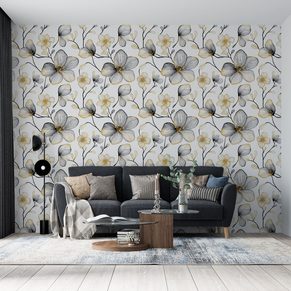 Floral Wallpaper | Black, White & Gold Elegant Mural