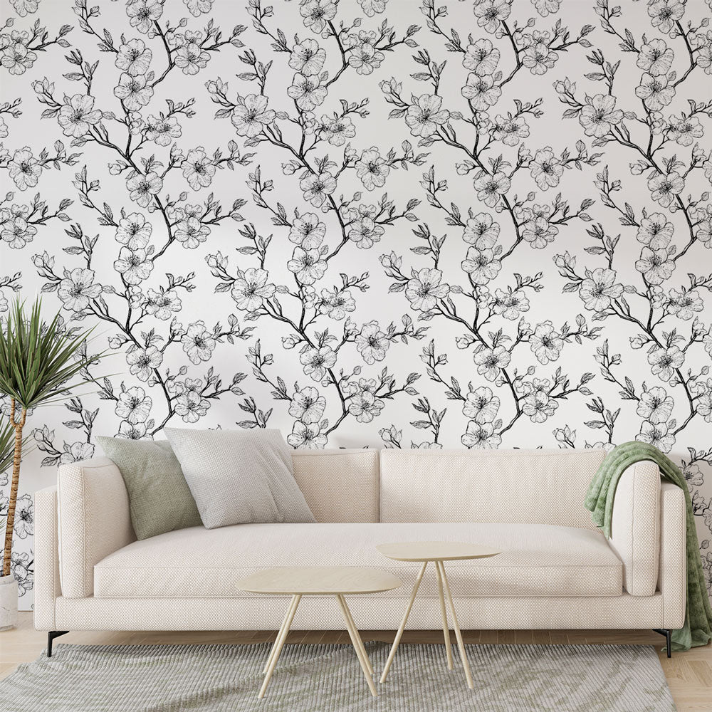 Delicate Floral Branches Black White Wallpaper