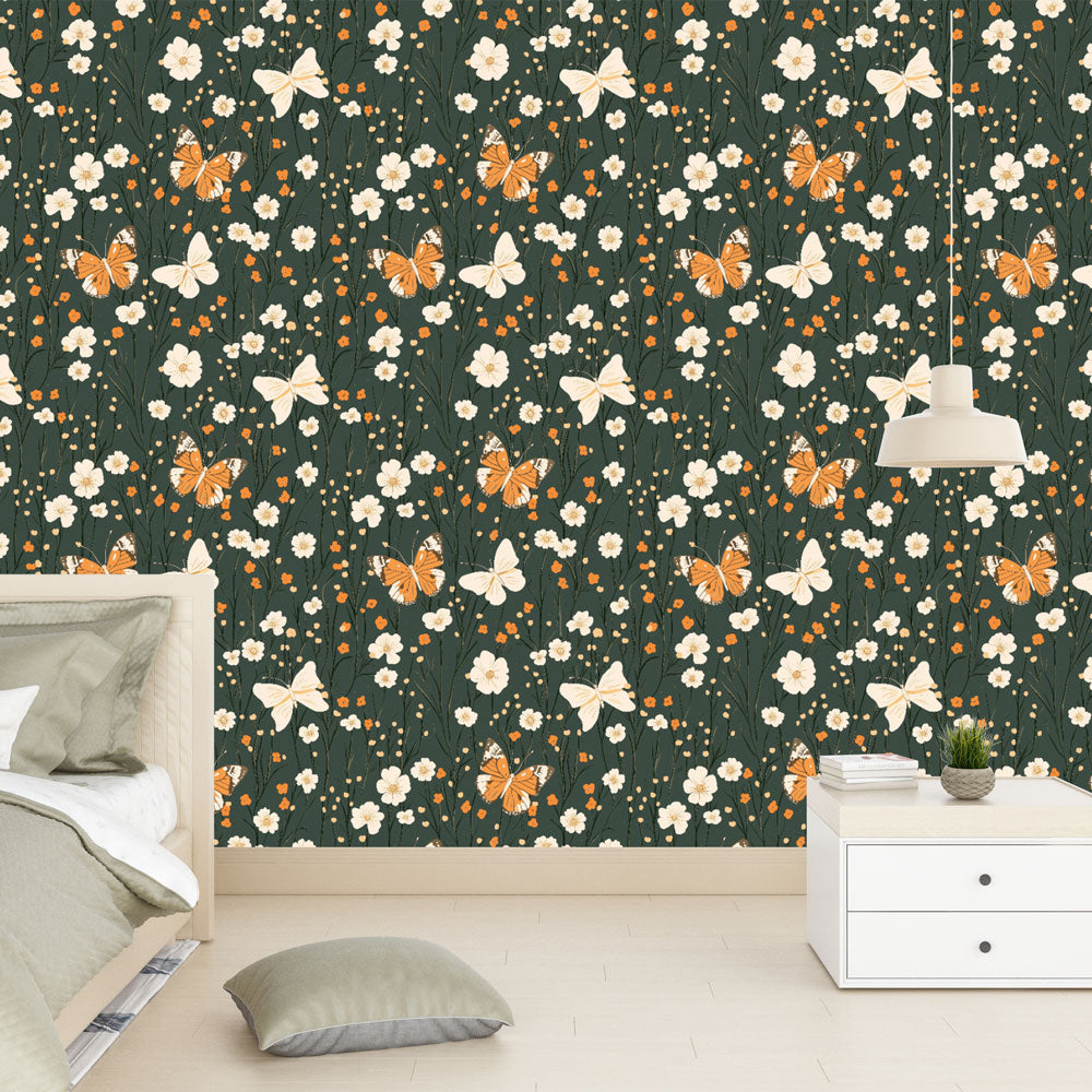 Floral Butterfly Wallpaper | Soft Blooms on Deep Forest Green