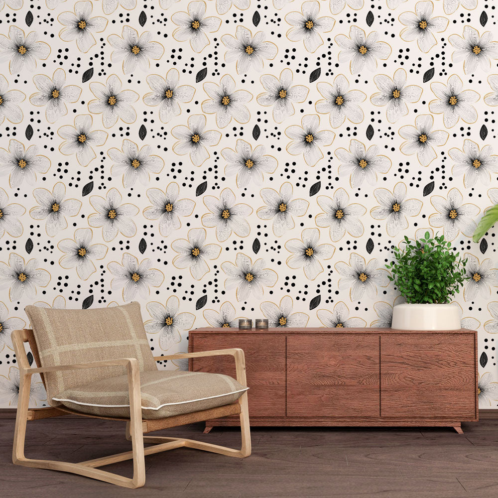 Floral Wallpaper | White Bloom & Graphic Black Mural