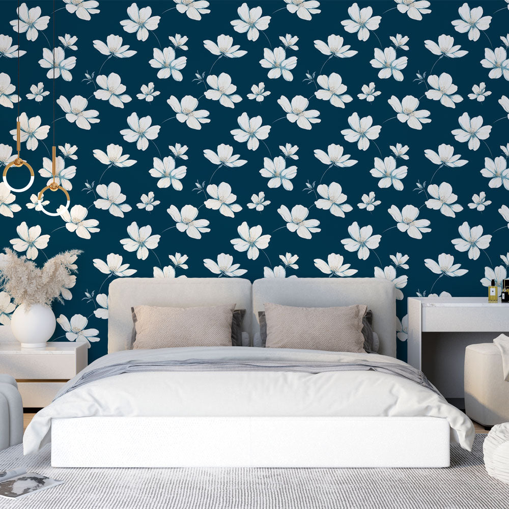 Floral Wallpaper | White Flowers Navy Blue Wall Mural