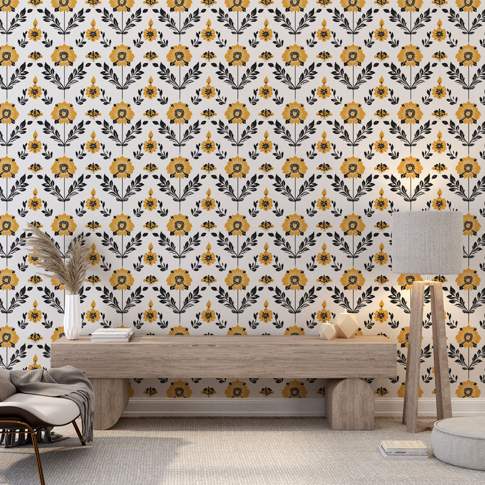 Yellow and Black Floral Wallpaper | Stylized Bloom