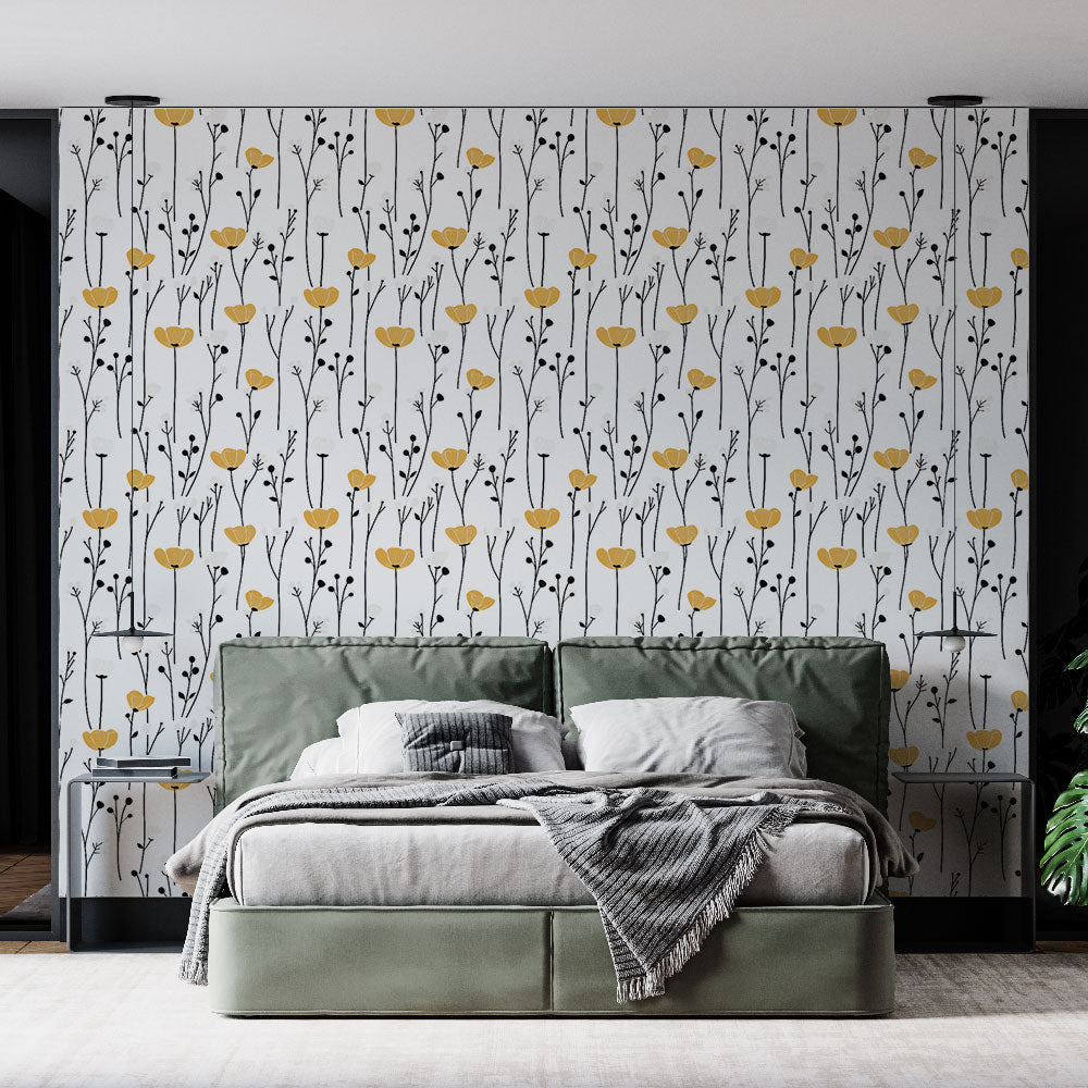Yellow Floral Wallpaper | Black Branch Wall Mural