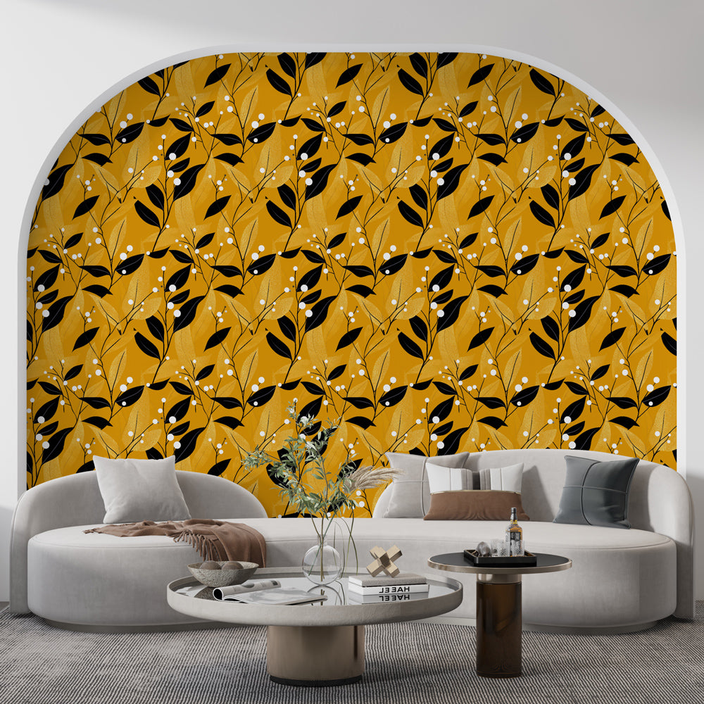 Yellow Floral Wallpaper | Black Leaves Wall Mural