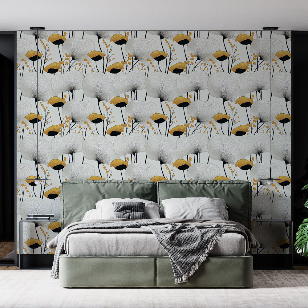 Modern White & Yellow Floral Wallpaper with Black