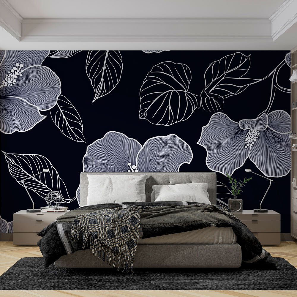 White Hibiscus Wallpaper Black Wall Mural