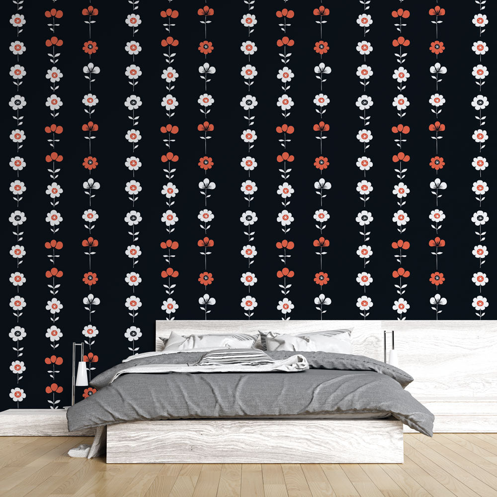 Vertical Bloom Wallpaper | Red & White Floral Mural