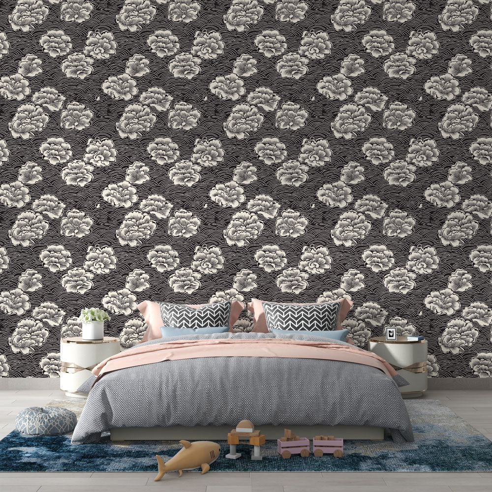 Floral Wallpaper | White Blooms on Rippled Black