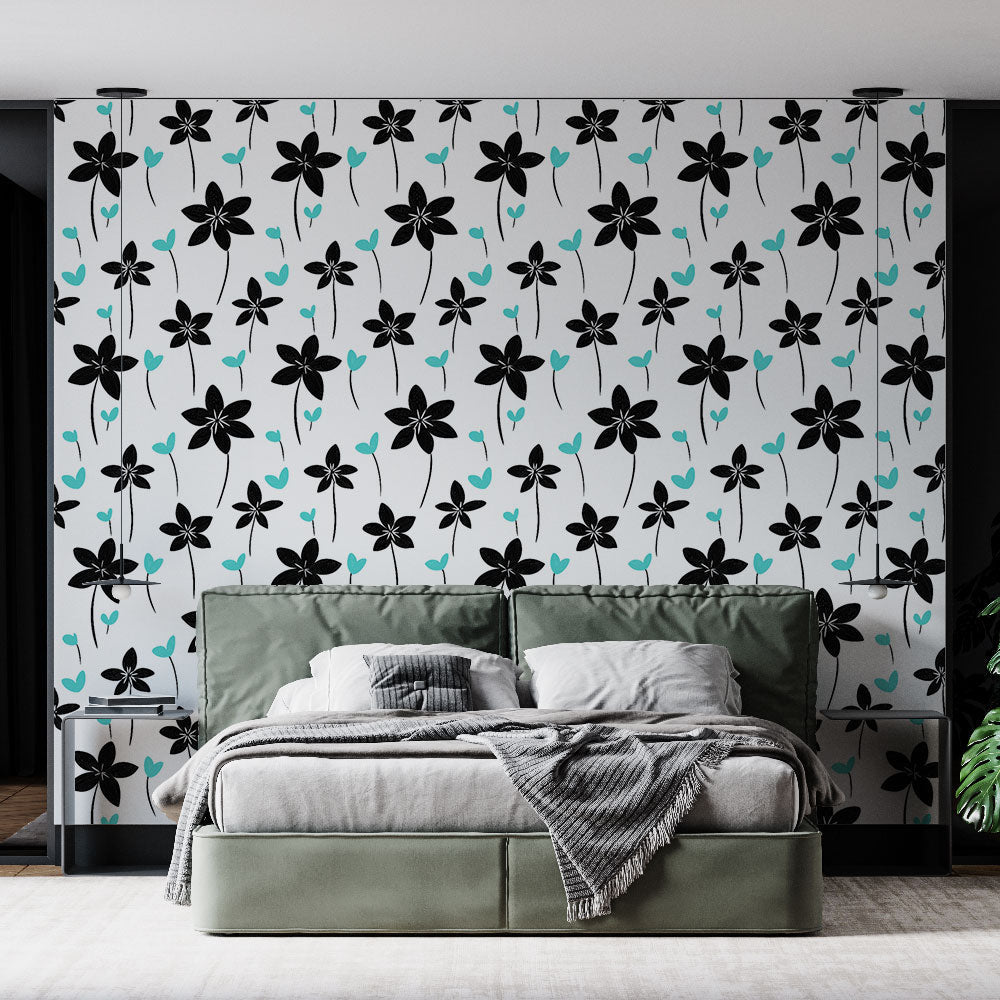 Floral Wallpaper | Black Flowers Turquoise Wall Mural