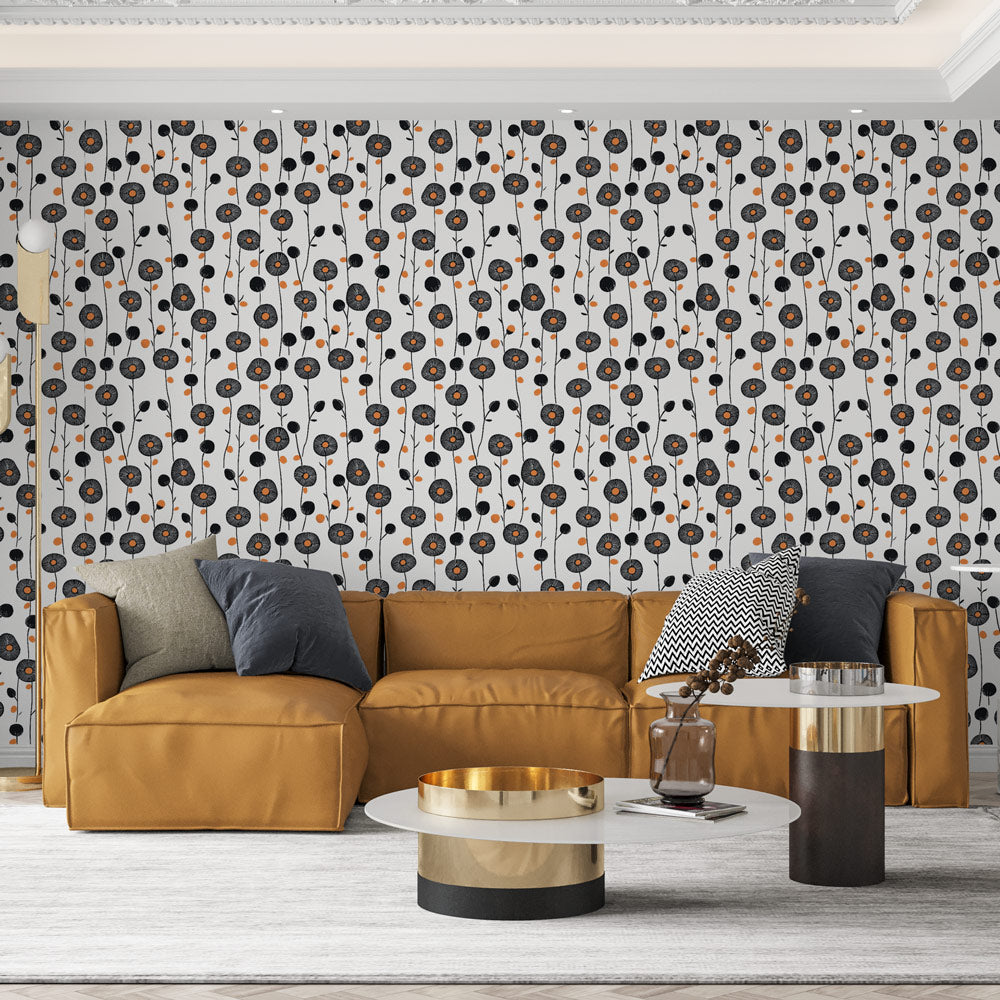 Black Orange Floral Wallpaper | White Wall Mural