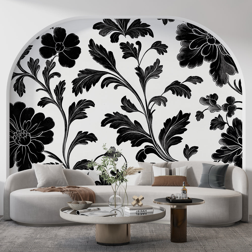 Floral wallpaper | Elegant black and white wall mural
