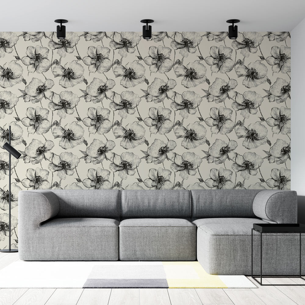 Delicate Floral Wallpaper | Black White Beige Wall Mural