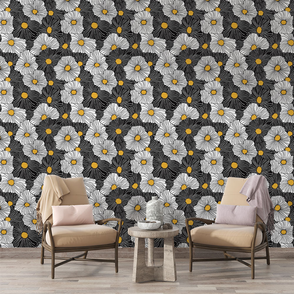 Black White Floral Wallpaper | Stylized Flowers Gold Touches
