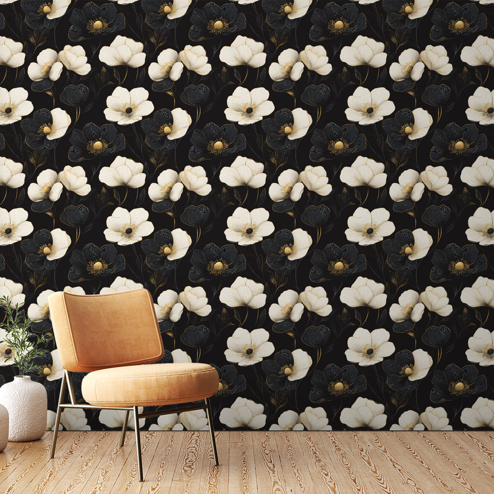 Black & White Floral Wallpaper | Dark Bloom Wall Mural
