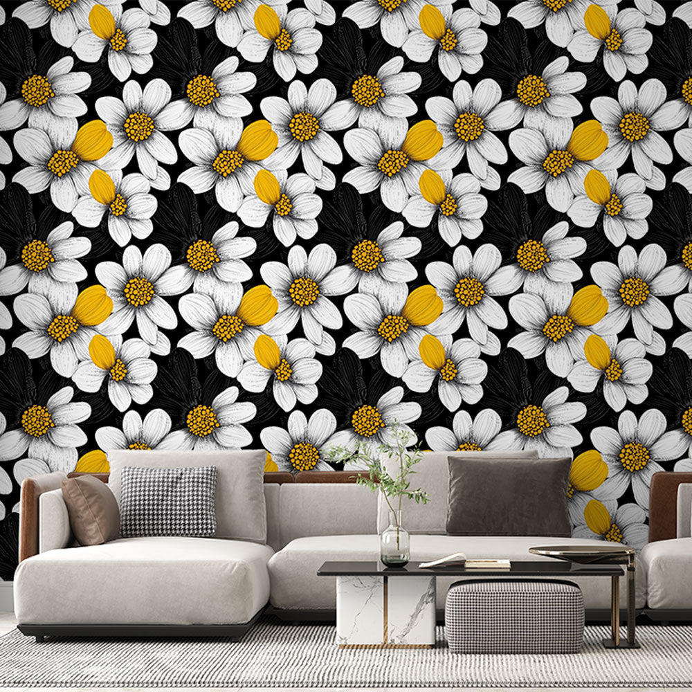 Black White Floral Wallpaper | Yellow Wall Mural