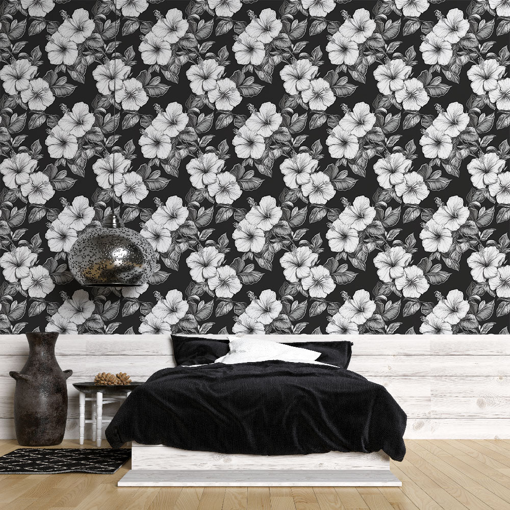 Black and White Wallpaper | Detailed Hibiscus on Dark
