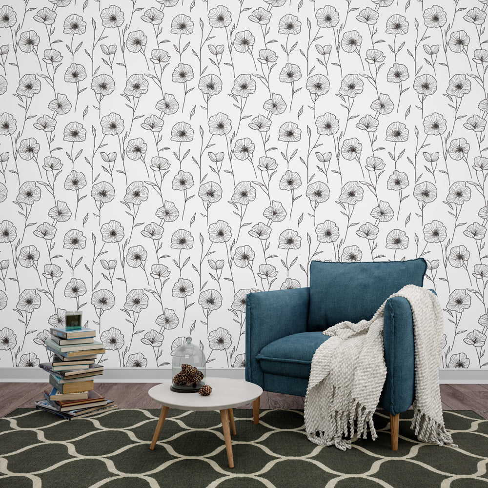 B&W Floral Wallpaper | Hand-Drawn Flowers Wall Mural