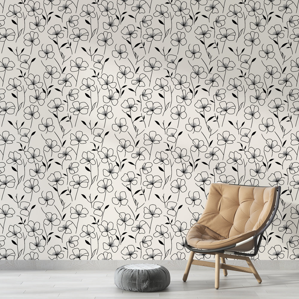 B&W Floral Beige Wallpaper | Botanical Wall Mural
