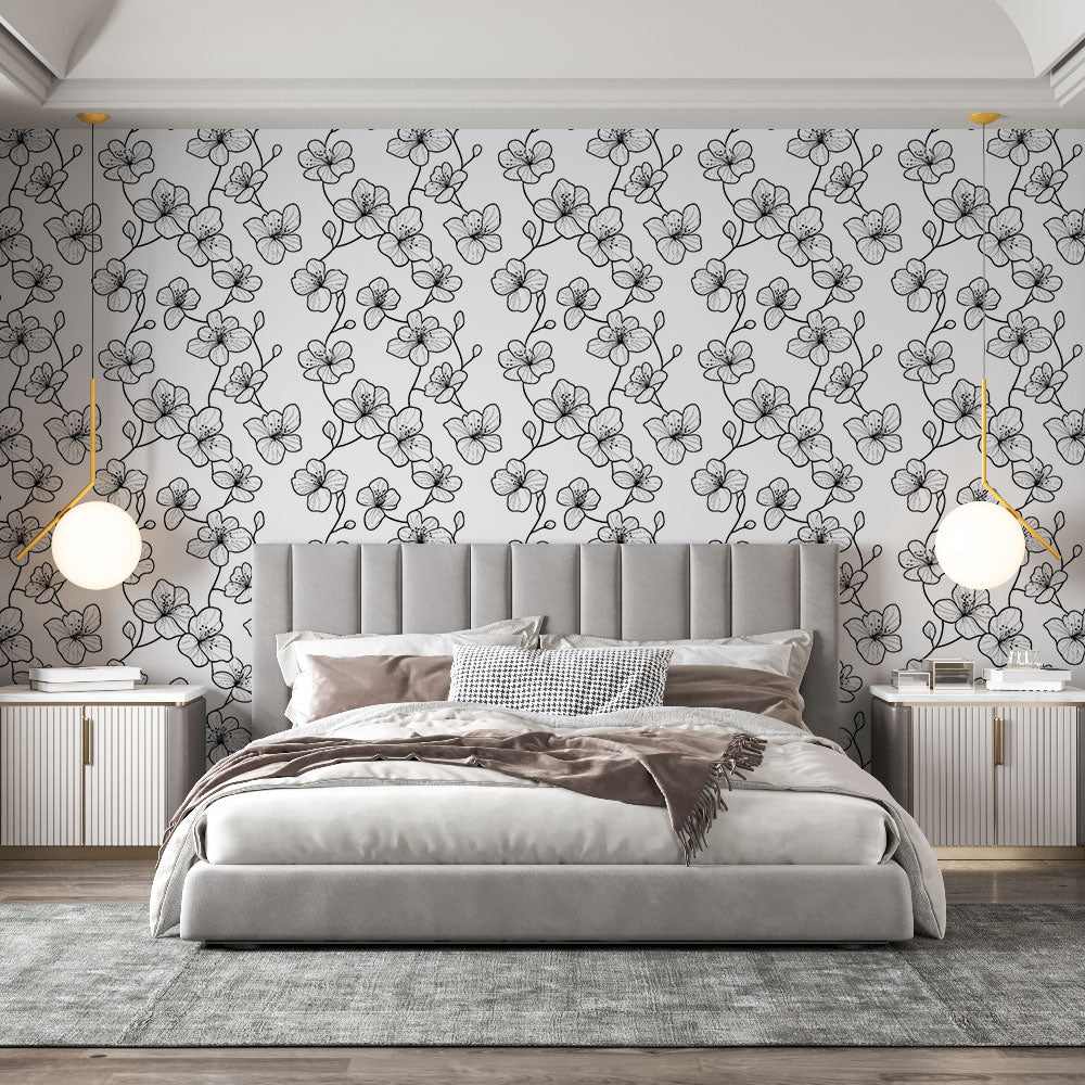 Sketched Floral Wallpaper | Hand-Drawn Blooms on White