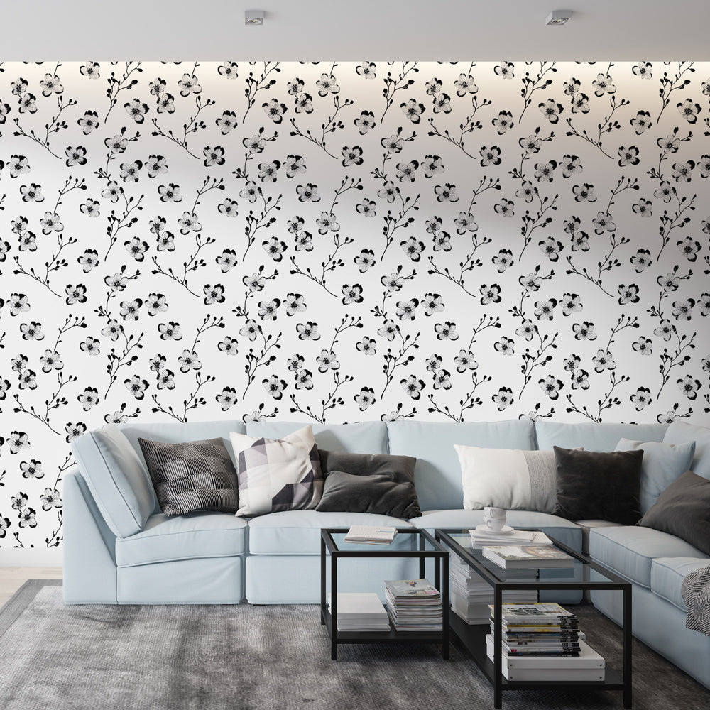 Tiny Black Flowers Light Wallpaper Wall Mural