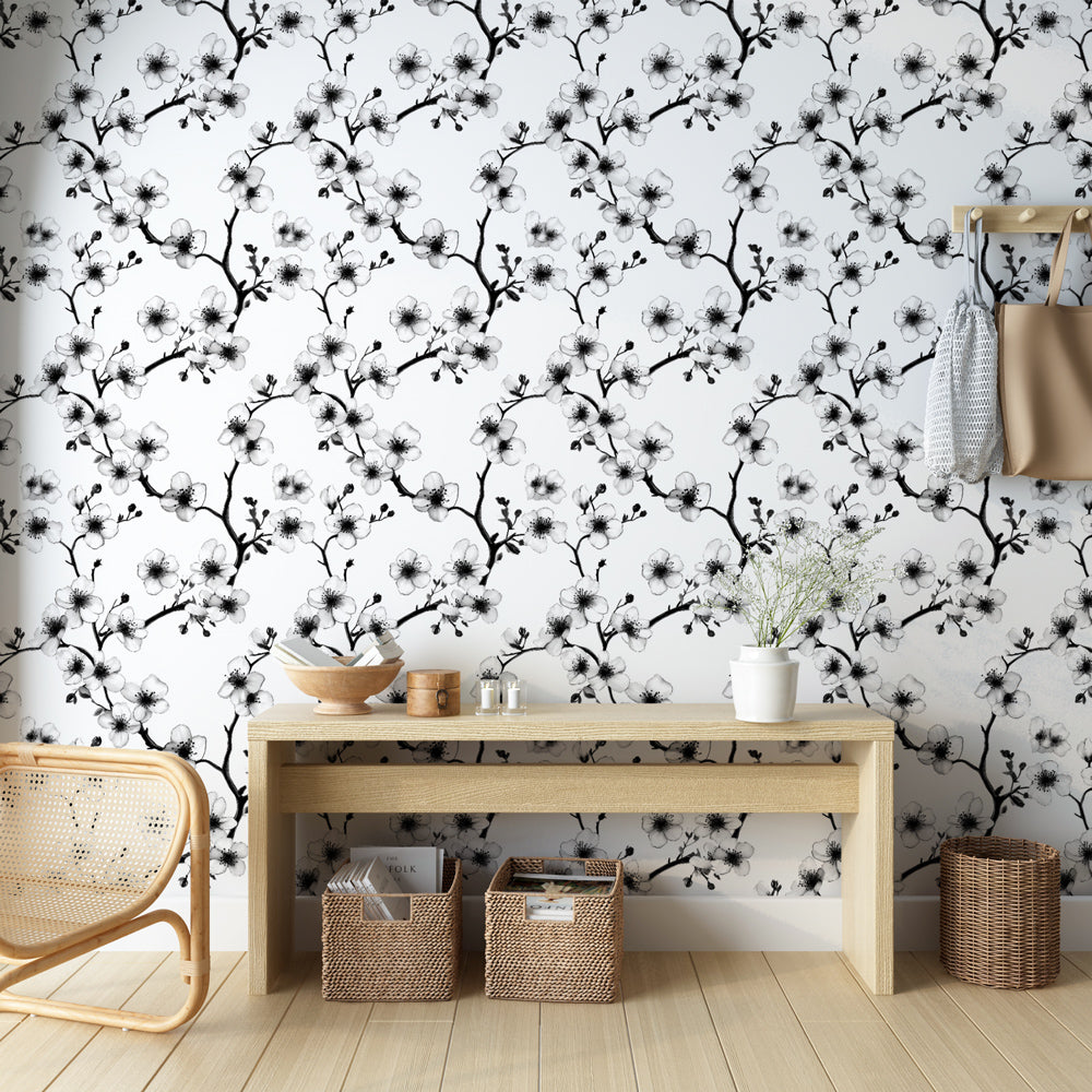 Watercolor Blossom Branches Black White Wallpaper