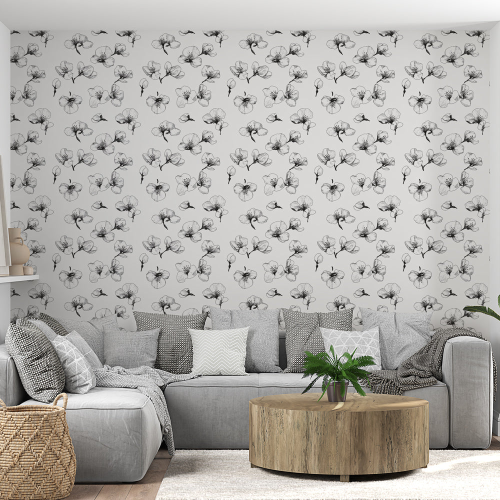 Black & White Ink Floral Wallpaper | Delicate Blooms