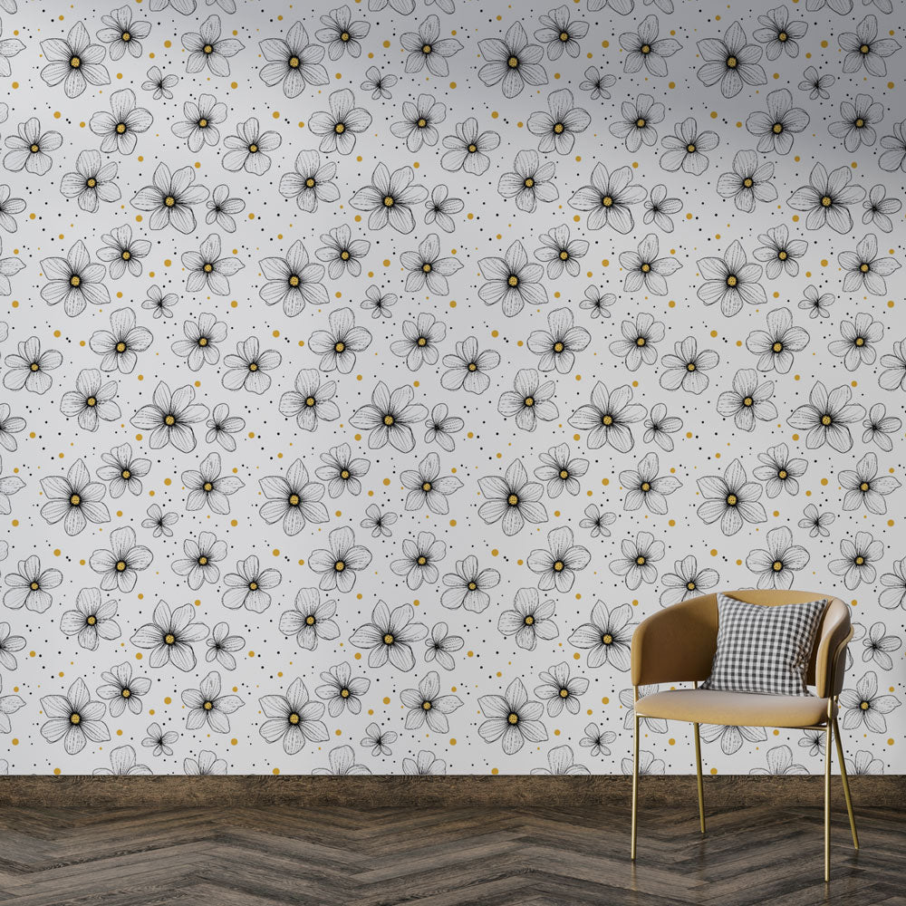Black & White Floral Wallpaper with Gold Accents | Wall Mural