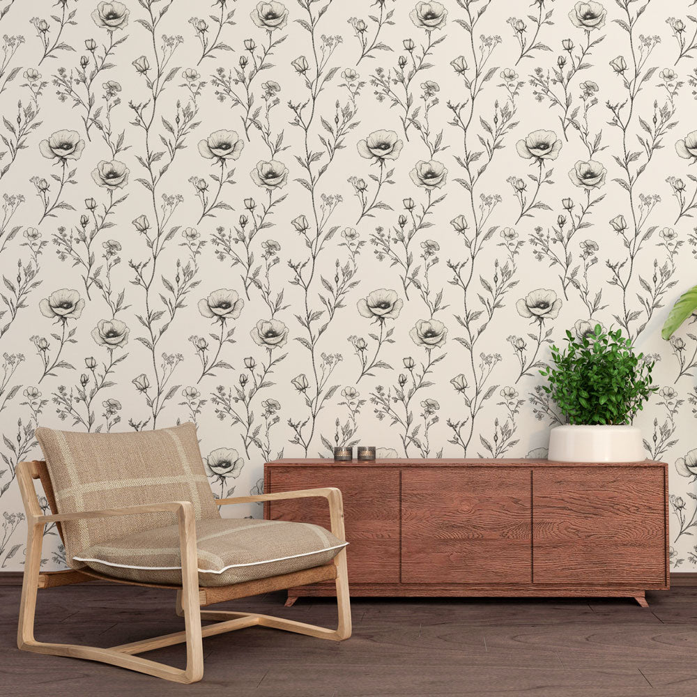 Black White Flowers Wallpaper | Cream Background Wall Mural
